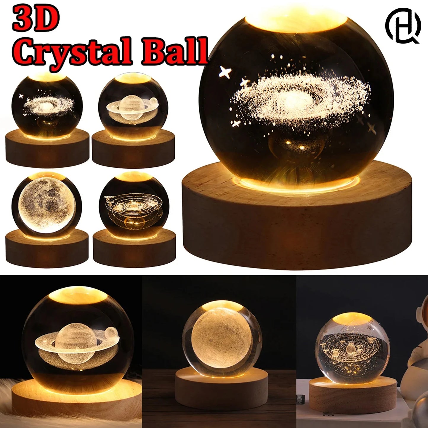 Crystal Ball LED Night Light Colorful 3D Saturn Solar System Moon Table Lamp USB Bedroom Atmosphere Lamp for Birthday Kid Gift