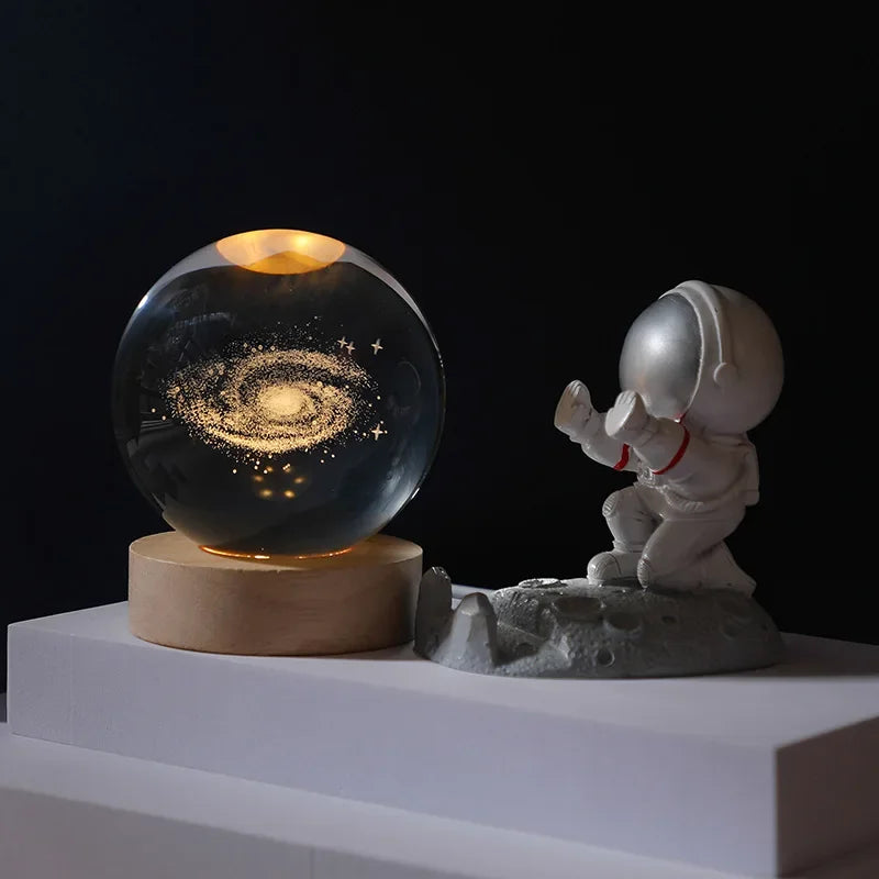 USB Galaxy Crystal Ball Night Light – 3D Planet & Moon Lamp with Wooden Base for Home Decor & Festival Gifting