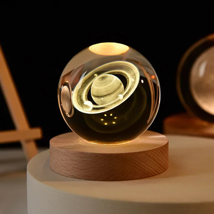 USB Galaxy Crystal Ball Night Light – 3D Planet & Moon Lamp with Wooden Base for Home Decor & Festival Gifting