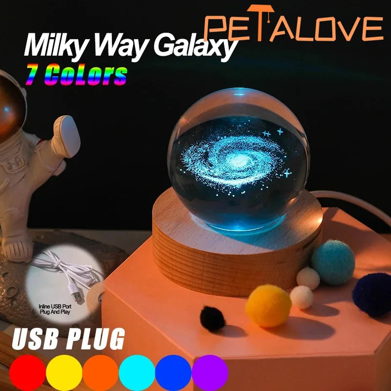 Crystal Ball LED Night Light Colorful 3D Saturn Solar System Moon Table Lamp USB Bedroom Atmosphere Lamp for Birthday Kid Gift