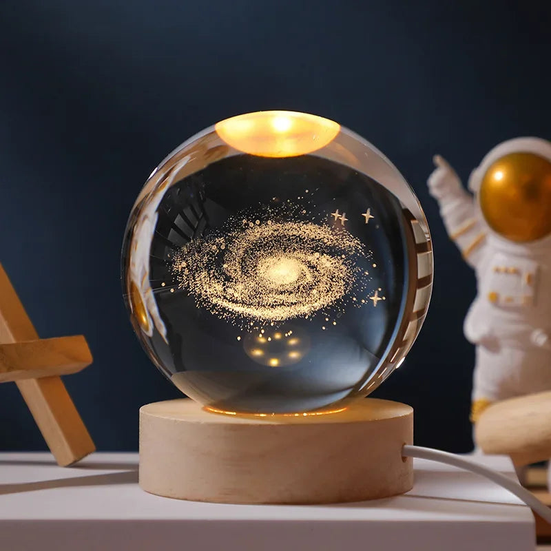 USB Galaxy Crystal Ball Night Light – 3D Planet & Moon Lamp with Wooden Base for Home Decor & Festival Gifting