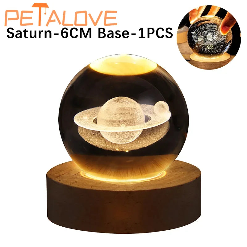 Crystal Ball LED Night Light Colorful 3D Saturn Solar System Moon Table Lamp USB Bedroom Atmosphere Lamp for Birthday Kid Gift