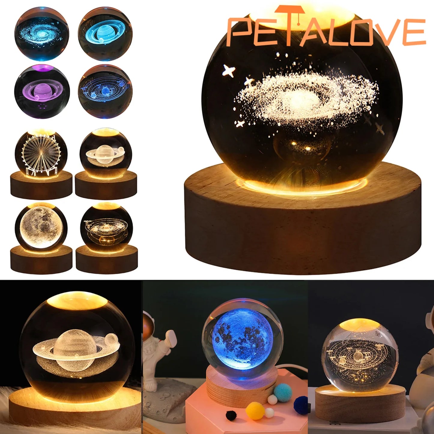 Crystal Ball LED Night Light Colorful 3D Saturn Solar System Moon Table Lamp USB Bedroom Atmosphere Lamp for Birthday Kid Gift