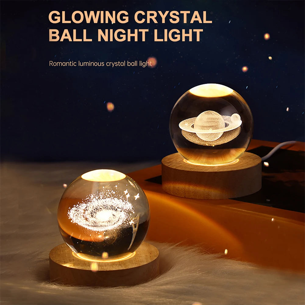 Crystal Ball LED Night Light Colorful 3D Saturn Solar System Moon Table Lamp USB Bedroom Atmosphere Lamp for Birthday Kid Gift