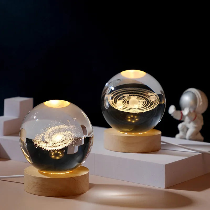 USB Galaxy Crystal Ball Night Light – 3D Planet & Moon Lamp with Wooden Base for Home Decor & Festival Gifting
