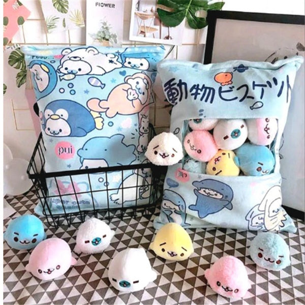 Snack Bag Plush Pillow – Large Stuffed Cushion with 8 Mini Plush Toys