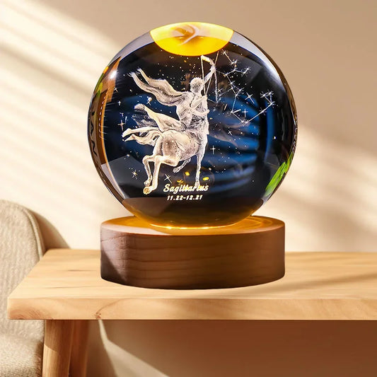 12 Zodiac Constellation Crystal Ball – 3D Laser Engraved Zodiac Glass Globe with LED Light Base for Birthday Gifts & Home Decoration