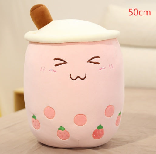 Strawberry Milk Tea Boba Plush Pillow – Cute Bubble Tea Stuffed Toy Cushion