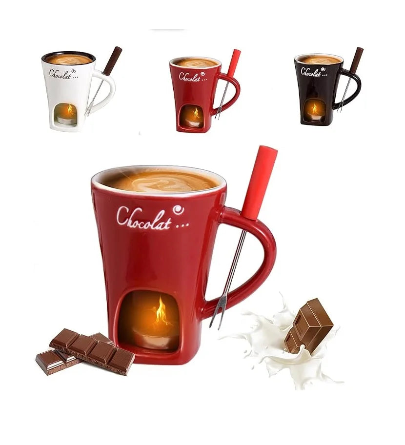 Sweet Fondue Cup for Date Night and More – Ceramic Chocolate Melting Mug Set with Forks