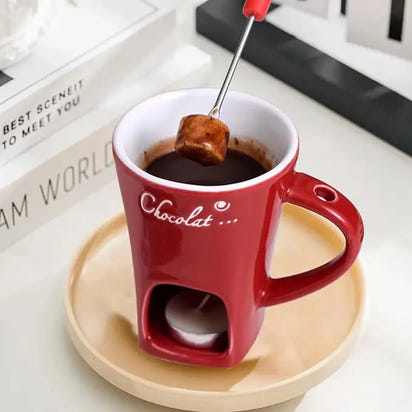 Sweet Fondue Cup for Date Night and More – Ceramic Chocolate Melting Mug Set with Forks