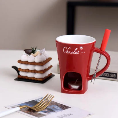 Sweet Fondue Cup for Date Night and More – Ceramic Chocolate Melting Mug Set with Forks