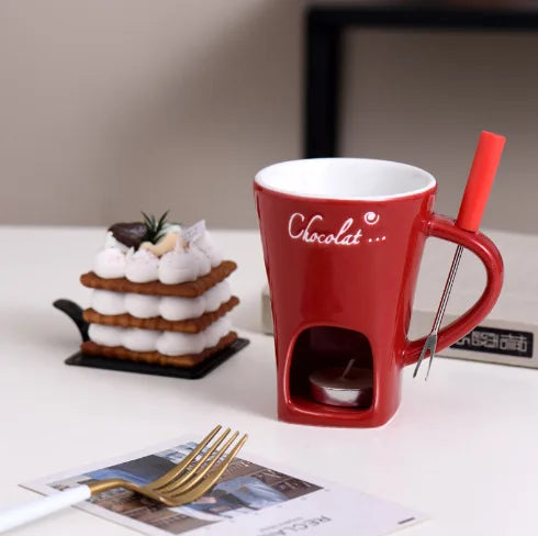 Sweet Fondue Cup for Date Night and More – Ceramic Chocolate Melting Mug Set with Forks