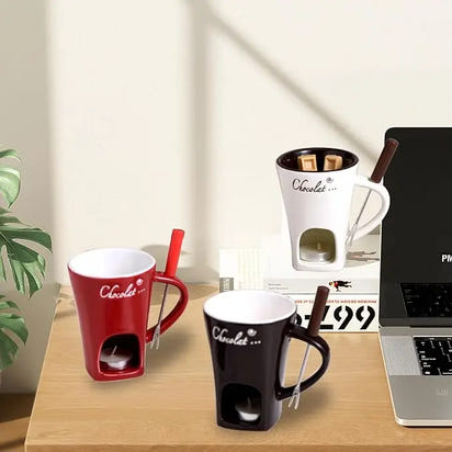 Sweet Fondue Cup for Date Night and More – Ceramic Chocolate Melting Mug Set with Forks