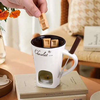 Sweet Fondue Cup for Date Night and More – Ceramic Chocolate Melting Mug Set with Forks