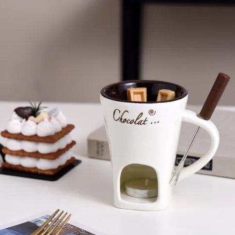 Sweet Fondue Cup for Date Night and More – Ceramic Chocolate Melting Mug Set with Forks