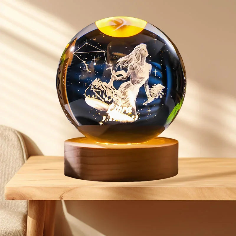 12 Constellation Crystal Ball with LED Office Decoration Sphere Stand Holder Laser Engraving Glass Ball Birthday Gift Souvenir
