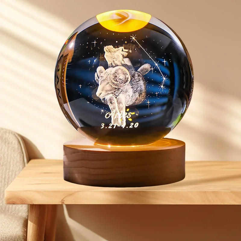 12 Constellation Crystal Ball with LED Office Decoration Sphere Stand Holder Laser Engraving Glass Ball Birthday Gift Souvenir