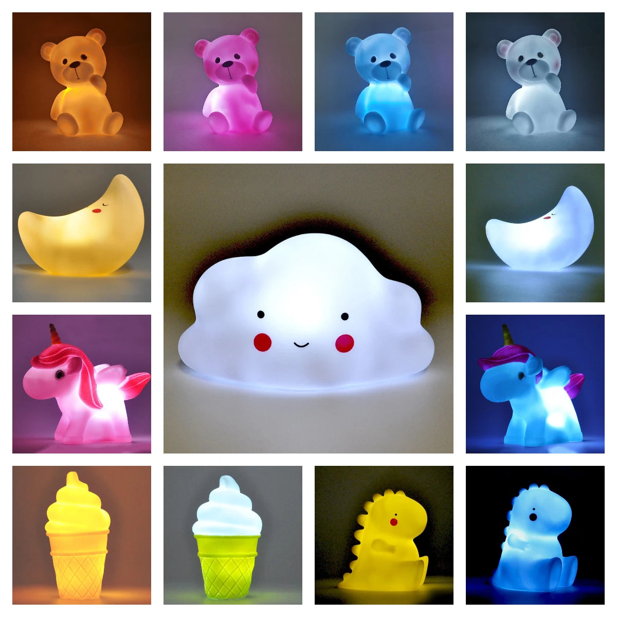 Cute Cartoon Night Light – Adorable LED Lamp in Bear, Cloud, Star, Moon & Ice Cream Designs