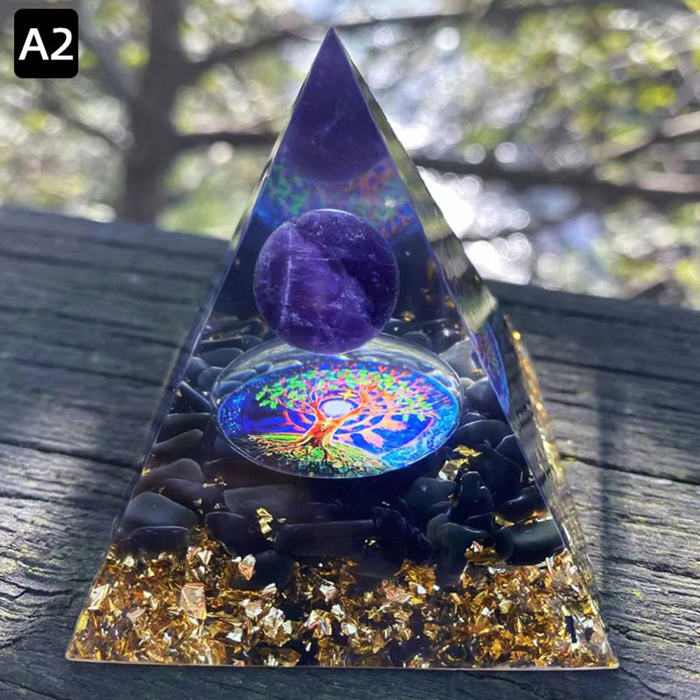6cm Energy Pyramid with Natural Amethyst Ball – Orgonite Reiki Crystal for Chakra Healing, Meditation & Home Decoration
