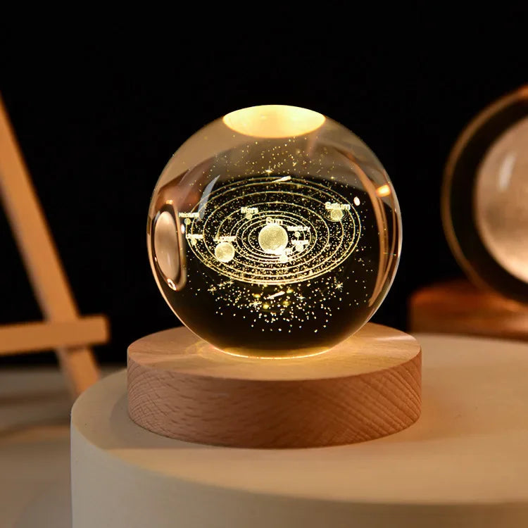 USB Galaxy Crystal Ball Night Light – 3D Planet & Moon Lamp with Wooden Base for Home Decor & Festival Gifting