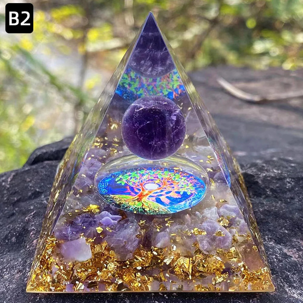 6cm Energy Pyramid with Natural Amethyst Ball – Orgonite Reiki Crystal for Chakra Healing, Meditation & Home Decoration